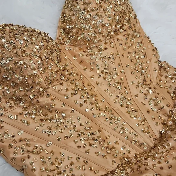 Bundle-Gold Strapless Party Dress with Scarf & Heels - Picture 8 of 14